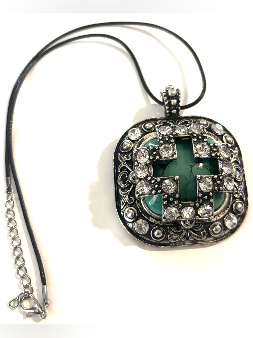 Vintage Green and Silver Filigree Crystal Cross Pendant Necklace